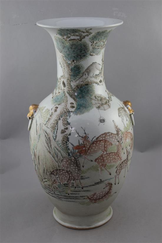 A large Chinese deer enamelled porcelain vase, Republic period, 50.5cm.